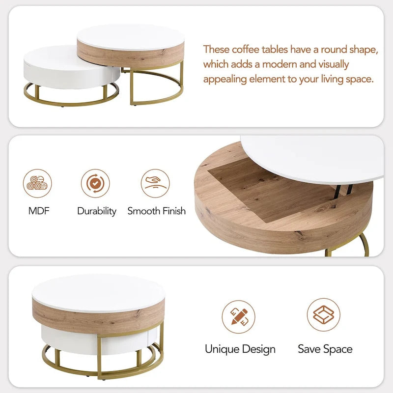 Tables basses gigognes rondes relevables avec 2 tiroirs