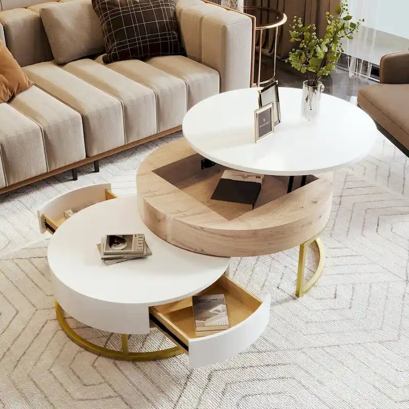 Tables basses gigognes rondes relevables avec 2 tiroirs