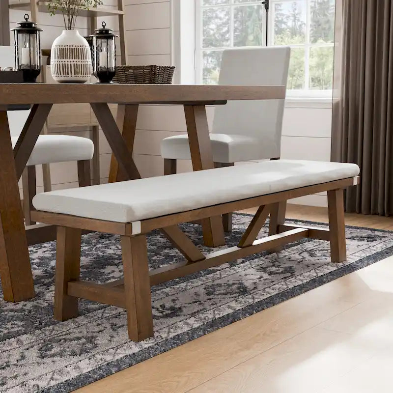 Banc de salle à manger rustique en tissu rembourré ivoire de 60 pouces