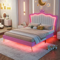 Cadre de lit rembourré pleine grandeur avec tête de lit capitonnée et lumières LED, rose+blanc