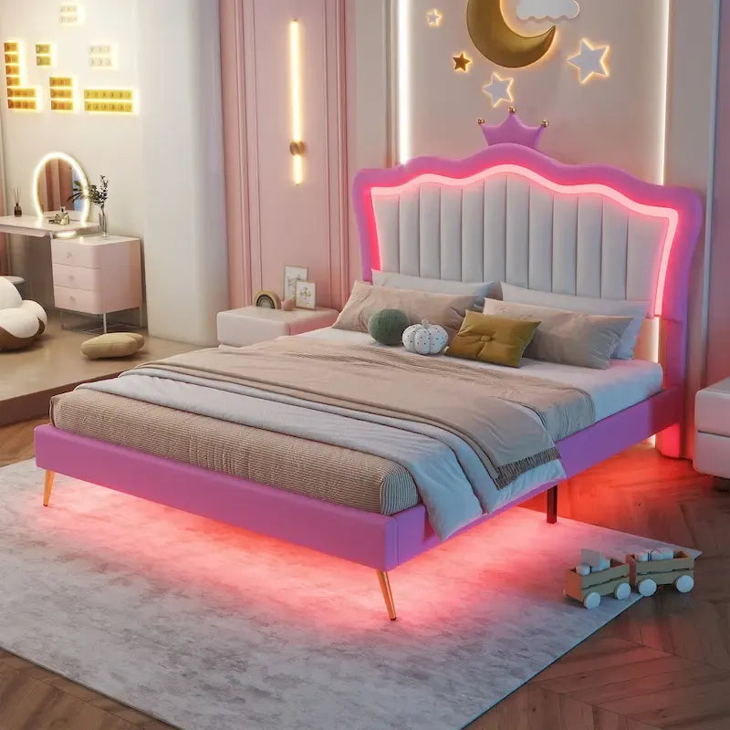 Cadre de lit rembourré pleine grandeur avec tête de lit capitonnée et lumières LED, rose+blanc