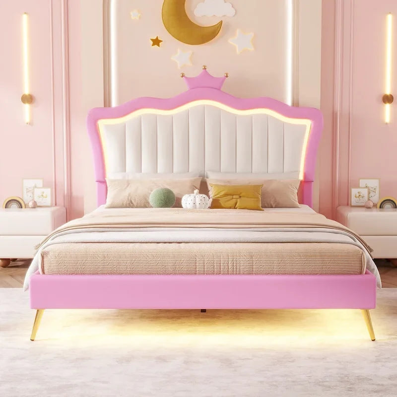 Cadre de lit rembourré pleine grandeur avec tête de lit capitonnée et lumières LED, rose+blanc