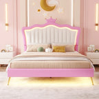 Cadre de lit rembourré pleine grandeur avec tête de lit capitonnée et lumières LED, rose+blanc