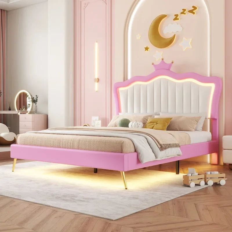 Cadre de lit rembourré pleine grandeur avec tête de lit capitonnée et lumières LED, rose+blanc