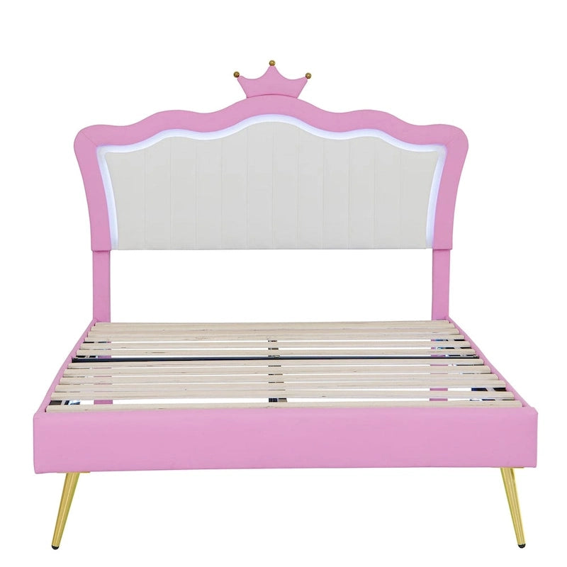 Cadre de lit rembourré pleine grandeur avec tête de lit capitonnée et lumières LED, rose+blanc