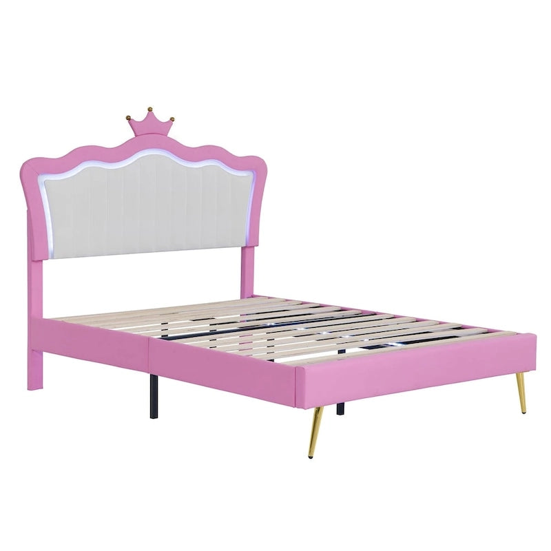 Cadre de lit rembourré pleine grandeur avec tête de lit capitonnée et lumières LED, rose+blanc
