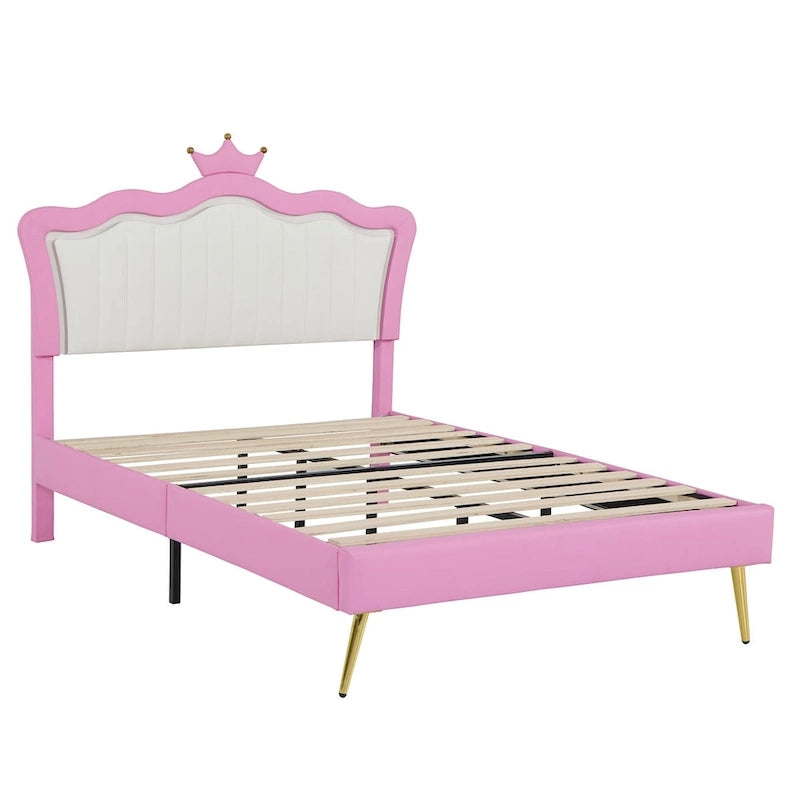 Cadre de lit rembourré pleine grandeur avec tête de lit capitonnée et lumières LED, rose+blanc