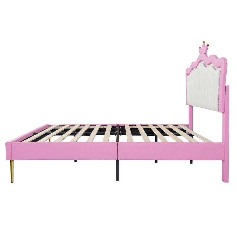 Cadre de lit rembourré pleine grandeur avec tête de lit capitonnée et lumières LED, rose+blanc